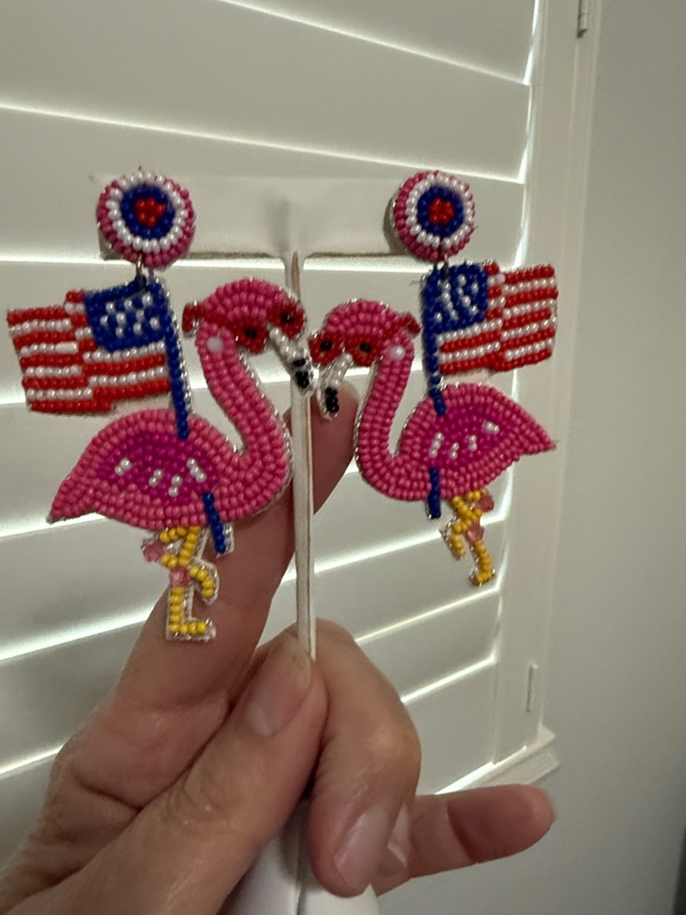 crown & ivy White Short Sleeve Tee w/Pink Flamingo & Flag & matching earrings - Picture 5 of 8
